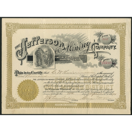 705 - U.S.A: Jefferson Mining Co., $1 shares, 189[901], #2652, decorative title with vignette, ornate bord... 