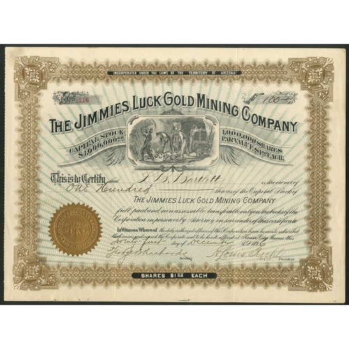 706 - U.S.A: Jimmies Luck Gold Mining Co., Arizona, $1 shares, 189[6], #116, mine workers below title, orn... 