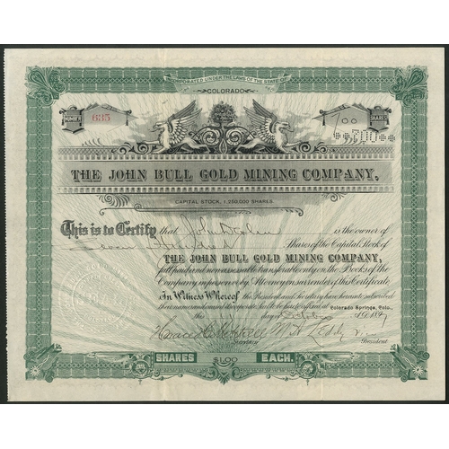 707 - U.S.A: John Bull Gold Mining Co., $1 shares, 189[7], #635, decorative printing in green and black. O... 