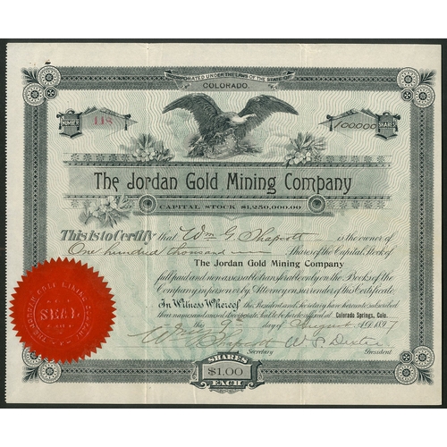 708 - U.S.A: Jordan Gold Mining Co., $1 shares, 189[7], #118, for 100,000 shares, issued to William G. Sha... 