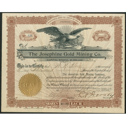 709 - U.S.A: Josephine Gold Mining Co., pair of certificates for $1 shares, the first dated 189[5], #129, ... 