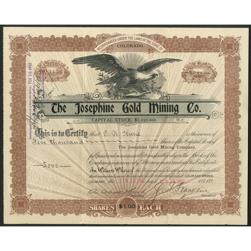 709 - U.S.A: Josephine Gold Mining Co., pair of certificates for $1 shares, the first dated 189[5], #129, ... 