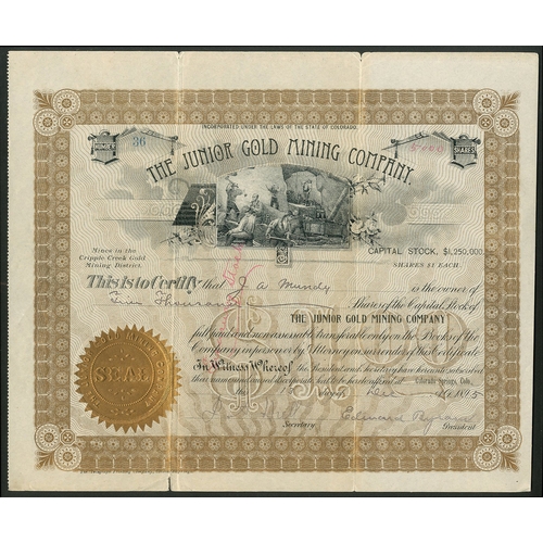 710 - U.S.A: Junior Gold Mining Co., $1 shares, 189[5], #36, mine workers below title, ornate border, gold... 