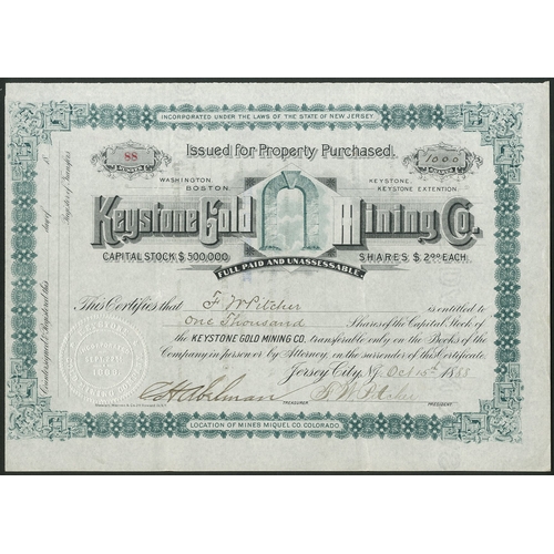 718 - U.S.A: Keystone Gold Mining Co., $2 shares, 18[88], #88, decorative title and border, green and blac... 