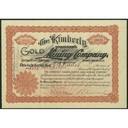 719 - U.S.A: Kimberly Consolidated Gold Mining Co., 1 cent shares, [1902], #3926, decorative printing in b... 