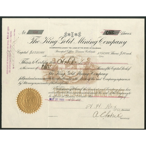 720 - U.S.A: King Gold Mining Co., $1 shares, 189[900], #253, black printing, Colorado state seal in brown... 