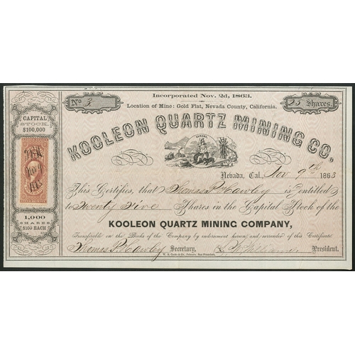 721 - U.S.A: Kooleon Quartz Mining Co., $100 shares, 186[3], #3, decorative black printing with pink under... 