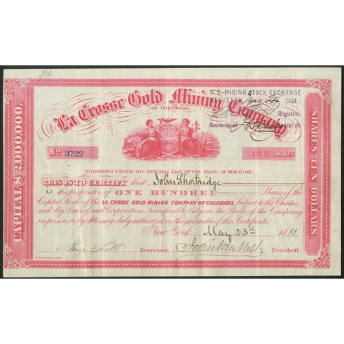 726 - U.S.A: La Crosse Gold Mining Co. of Colorado, 100 $10 shares, New York 18[81], #3722, decorative red... 