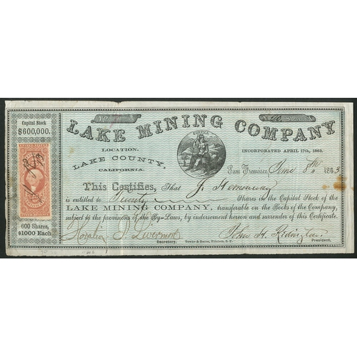 727 - U.S.A: Lake Mining Co., Lake County (CA), $1000 shares, San Francisco 186[3], #7, 'Eureka' in centre... 