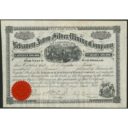 728 - U.S.A: Lebanon Acton Silver Mining Co., $1 shares, 18[80], #412, decorative black printing with vign... 