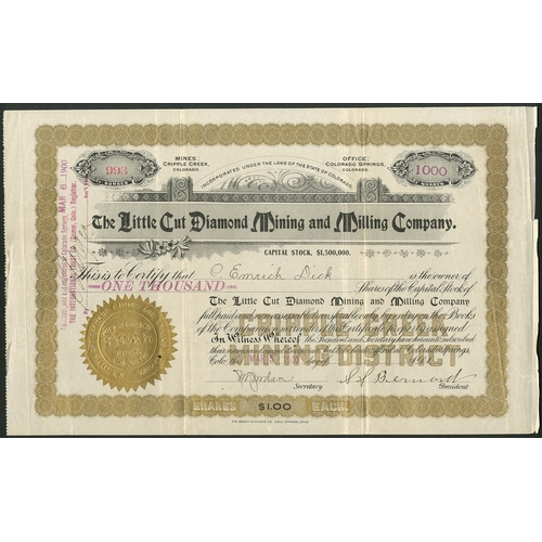 729 - U.S.A: Little Cut Diamond Mining and Milling Co., $1 shares, 1[900], #993, ornate border, gold and b... 