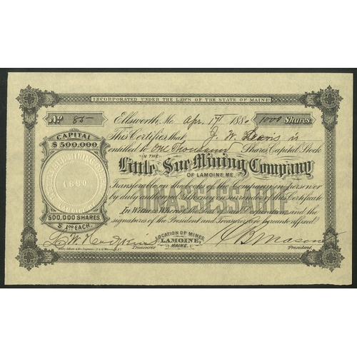 731 - U.S.A: Little Sue Mining Co. of Lamoine, Maine, $1 shares, 188[0], #85, ornate border black. EF.... 