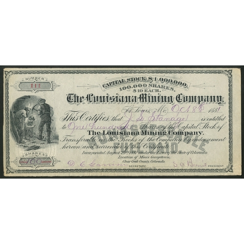 732 - U.S.A: Louisiana Mining Co., $10 shares, 188[1], #111, miners at left, decorative border, black. Min... 