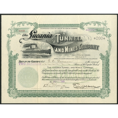 724 - U.S.A: Lucania Tunnel and Mines Co., (CO), $1 shares, Denver [1909], #1009, steamship LUCANIA below ... 