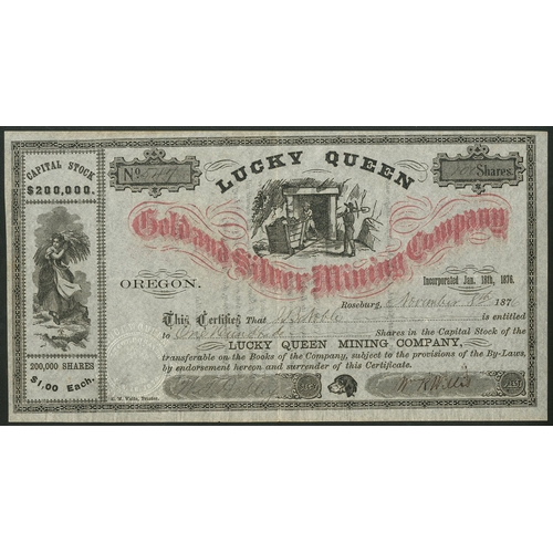 725 - U.S.A: Lucky Queen Gold and Silver Mining Co. (OR), $1 shares, Roseburg 187[6], #547, vignette of mi... 