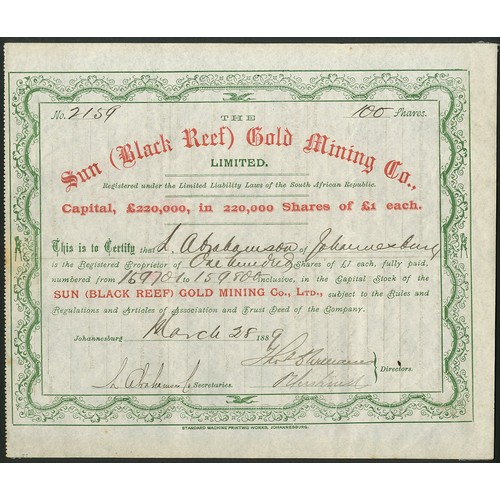 223 - South Africa: Sun (Black Reef) Gold Mining Co. Ltd., £1 shares, 188[9], #2159, ornate border, red an... 