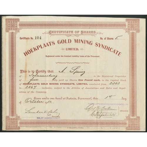 194 - South Africa: Hoekplaats Gold Mining Syndicate Ltd., £1 shares, 19[10], #104, decorative border, bro... 