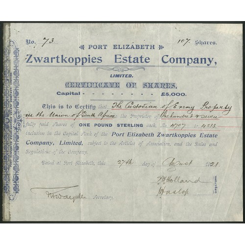 235 - South Africa: Zwartkoppies Estate Co. Ltd., Port Elizabeth, £1 shares, 190[21], #73, blue, with tran... 