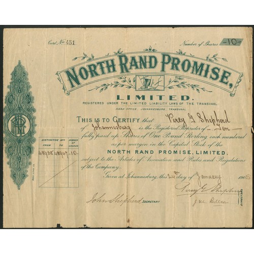 212 - South Africa: North Rand Promise Ltd., £1 shares, 190[5], #451, small map under title, green with sc... 