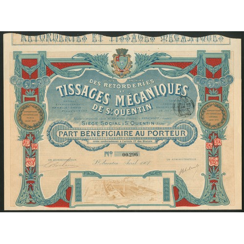 243 - France: S.A. des Retorderies et Tissages Mécaniques de St. Quentin, part bénéficiaire, 1907, #296, a... 