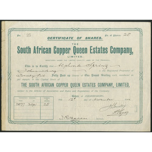 221 - South Africa: South African Copper Queen Estates Co. Ltd., £1 shares, 19[09], #25, green. Tape resid... 