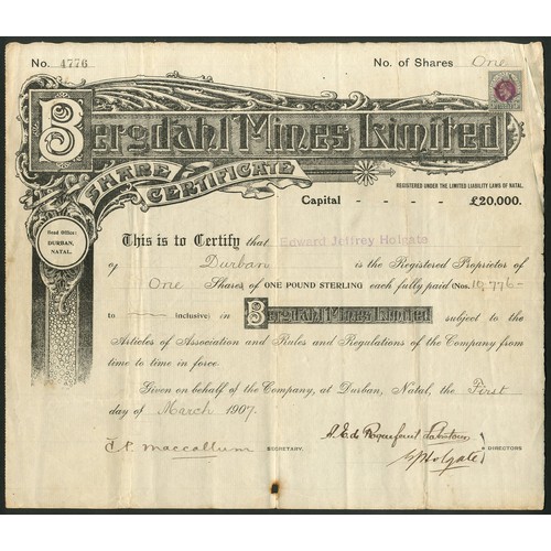 176 - South Africa: Bergdahl Mines Ltd., £1 shares, 190[7], #4776, large decorative title, black. Register... 