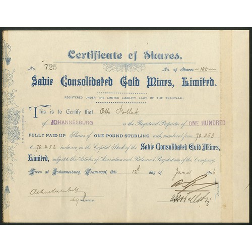 219 - South Africa: Sabie Consolidated Gold Mines Ltd., £1 shares, 190[6], #725, blue. Adhesive tape marks... 