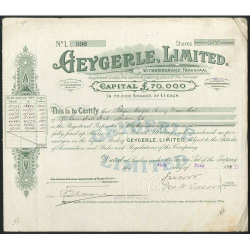 191 - South Africa: Geygerle Ltd., £1 shares, 190[13], #998, green with blue underprint. Creasing to right... 