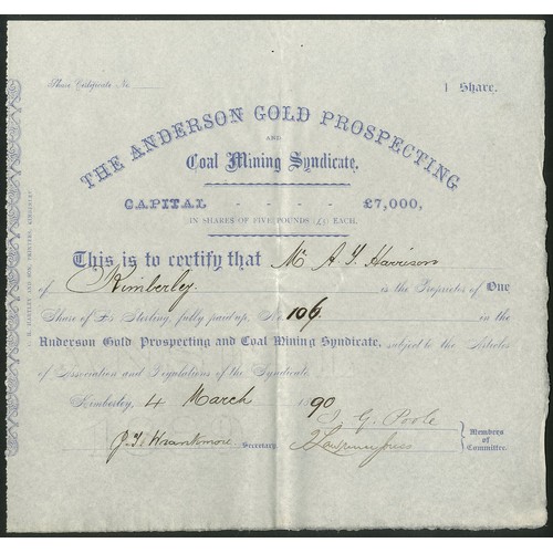 173 - South Africa: Anderson Gold Prospecting and Coal Mining Syndicate, one £5 share, Kimberley 1889[90],... 