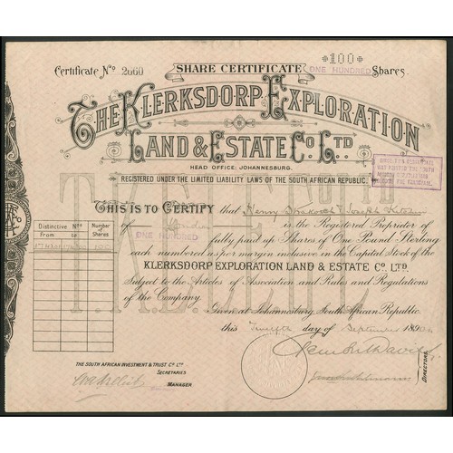 198 - South Africa: Klerksdorp Exploration Land & Estate Co. Ltd., £1 shares, 189[1904], #2660, black ... 