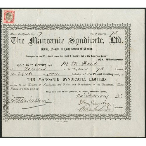 200 - South Africa: Manoanie Syndicate Ltd., £1 shares, 190[5], #17, black with decorative border, adhesiv... 