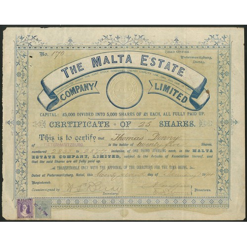 199 - South Africa: Malta Estate Co. Ltd., £1 shares, 18[94], #170, blue with buff underprint, decorative ... 