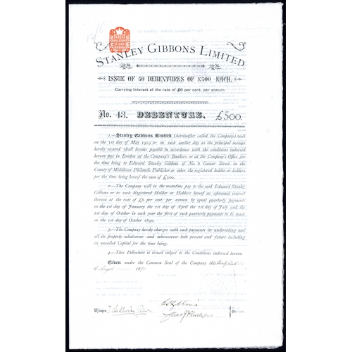 541 - Great Britain: Stanley Gibbons Limited, 6% debenture for £500, 18[90], #43 (of only 50 issued), sign... 