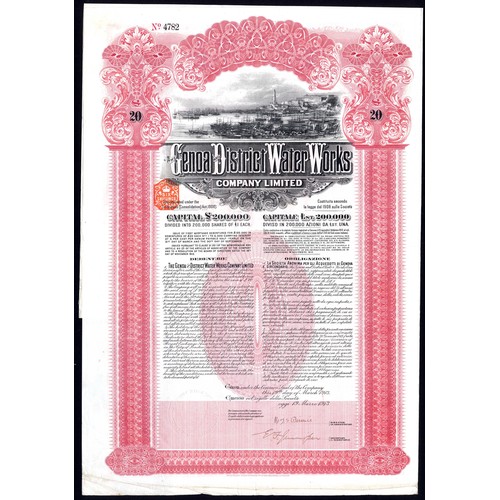 259 - Italy: Genoa and District Water Works Co. Ltd., first mortgage debenture for £20, 1913, #4782, signe... 