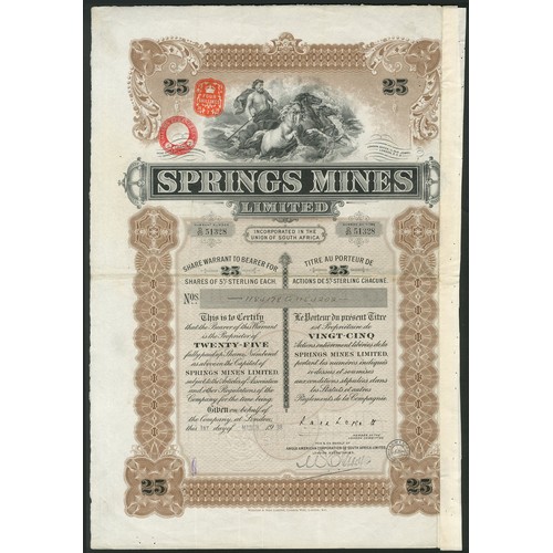 222 - South Africa: Springs Mines Limited, 25 shares of 5/-, 19[38], #D/25 51328, Neptune at top, brown an... 