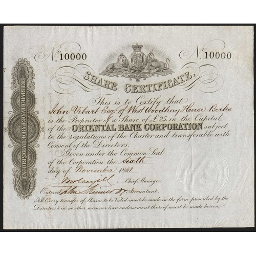 113 - China/India: Oriental Bank Corporation, £25 share, 18[51], #10000, black. Founded in 1842 and Charte... 