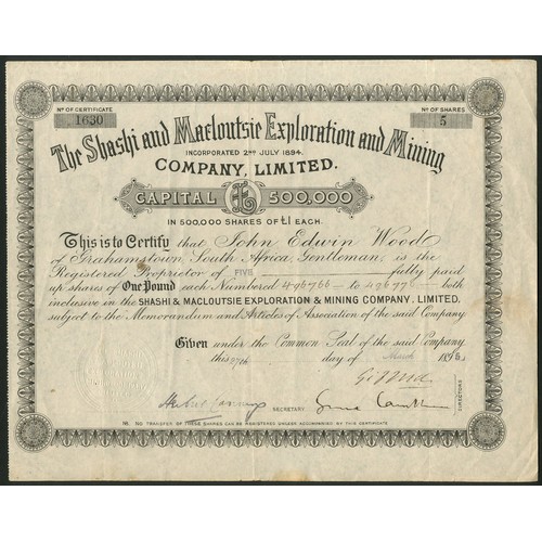 171 - Rhodesia: Shashi and Macloutsie Exploration & Mining Co. Ltd., £1 shares, 189[5], #1630, signed ... 