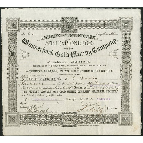 215 - South Africa: Pioneer Wonderhoek Gold Mining Co. Malmani Ltd., £1 shares, 18[89], #42, decorative bl... 