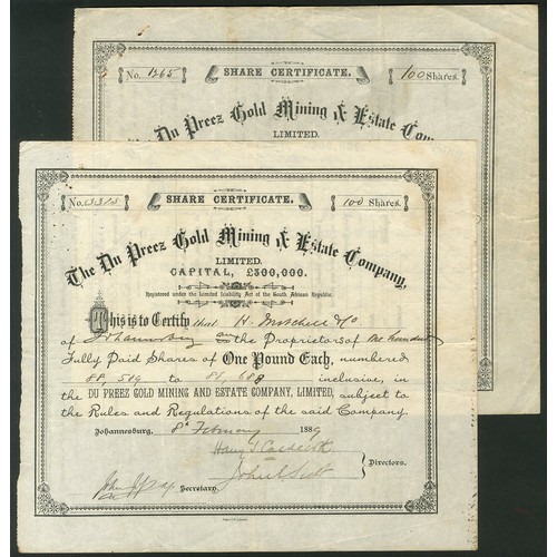 185 - South Africa: Du Preez Gold Mining & Estate Co. Ltd., a pair of certificates for £1 shares, Joha... 