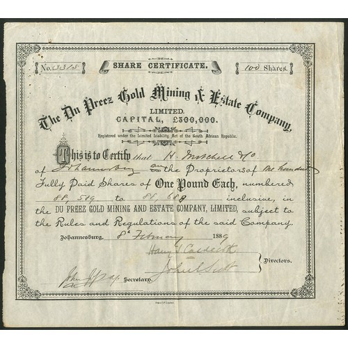 185 - South Africa: Du Preez Gold Mining & Estate Co. Ltd., a pair of certificates for £1 shares, Joha... 