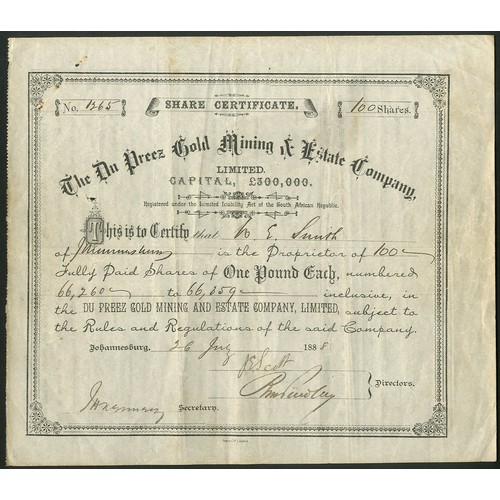 185 - South Africa: Du Preez Gold Mining & Estate Co. Ltd., a pair of certificates for £1 shares, Joha... 