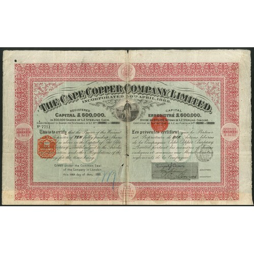 179 - South Africa: Cape Copper Co. Ltd., a trio of certificates comprising; 10 shares, 1889, #7751, red, ... 