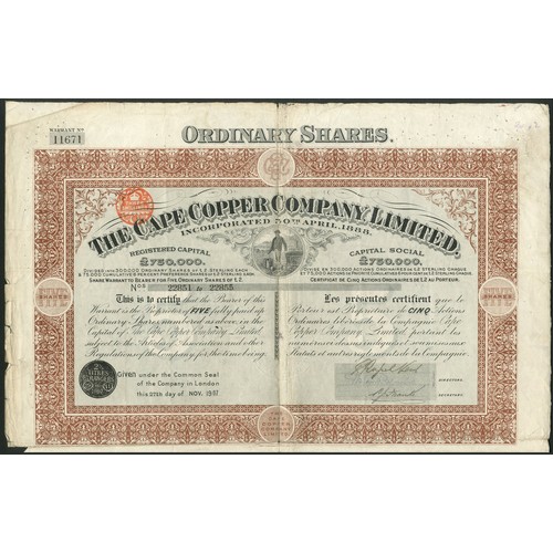 179 - South Africa: Cape Copper Co. Ltd., a trio of certificates comprising; 10 shares, 1889, #7751, red, ... 