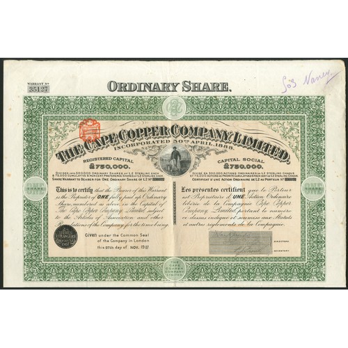 179 - South Africa: Cape Copper Co. Ltd., a trio of certificates comprising; 10 shares, 1889, #7751, red, ... 