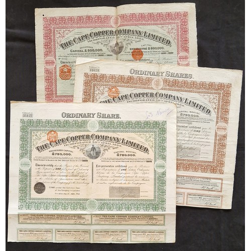 179 - South Africa: Cape Copper Co. Ltd., a trio of certificates comprising; 10 shares, 1889, #7751, red, ... 