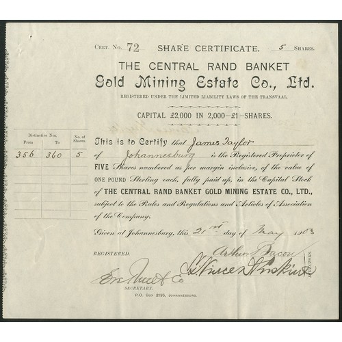 182 - South Africa: Central Rand Banket Gold Mining Estate Co. Ltd., 5 £1 shares, 19[03], #72, black. GVF.... 