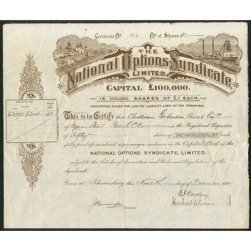 208 - South Africa: National Options Syndicate Ltd., £1 shares, 19[04], #591, vignettes by title, brown. E... 