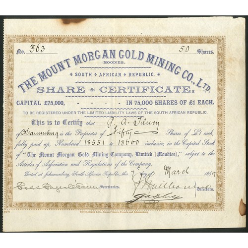 207 - South Africa: Mount Morgan Gold Mining Co. Ltd., £1 shares, 188[9], #363, blue with gold border. Min... 