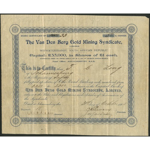 229 - South Africa: Van Den Berg Gold Mining Syndicate Ltd., £1 shares, 189[5], #33, blue with decorative ... 