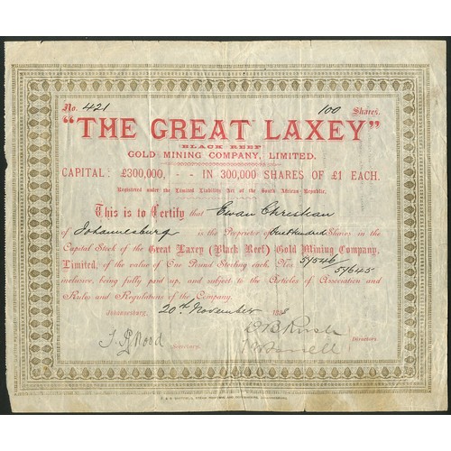 193 - South Africa: Great Laxey (Black Reef) Gold Mining Co. Ltd., £1 shares, 188[8], #421, red with gold ... 